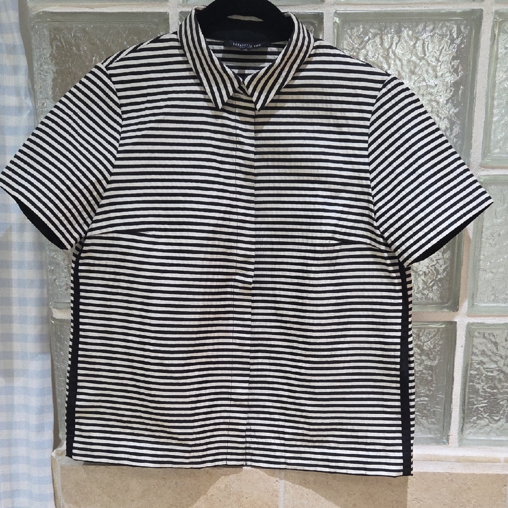 Lafayette 148 New York Black & White Striped Short Sleeve Snaps Pockets Small